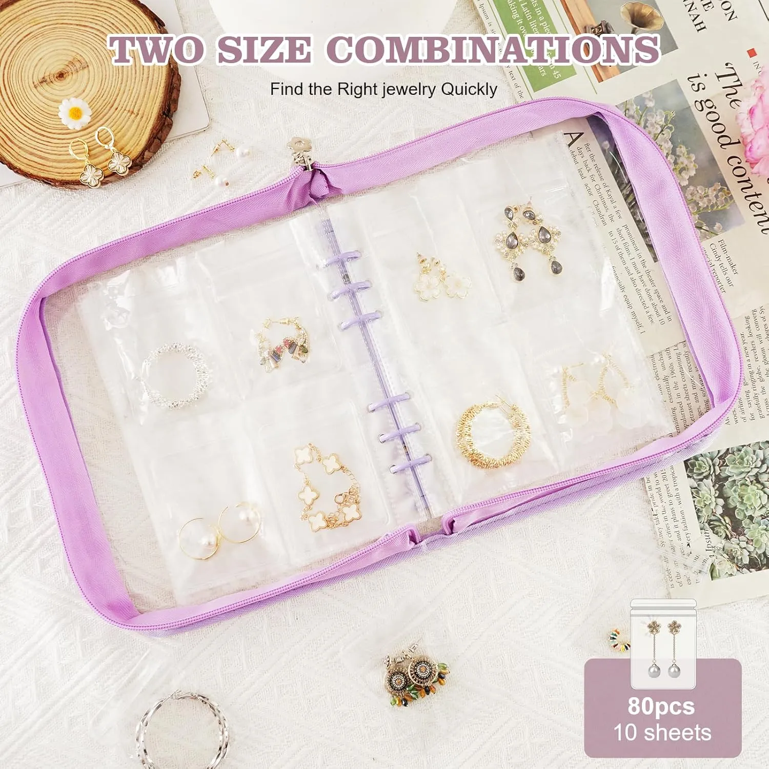 Earring Storage Book Travel Transparent Jewelry Organizer Book for Necklace, Ring, Earring, Storage (Purple, 80 Pcs Earring Pouches)