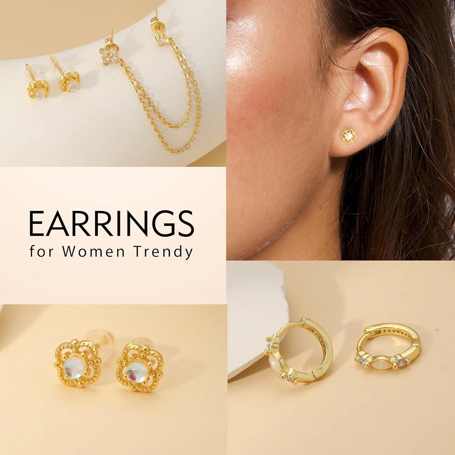 Earrings for Women, Gold Stud Earrings Hoop Diamond Floral Flower Opal Earring Studs for Women Trendy Huggie Cartilage Earring Christmas Birthday Gifts for Her Daughter Helix Piercing Jewelry