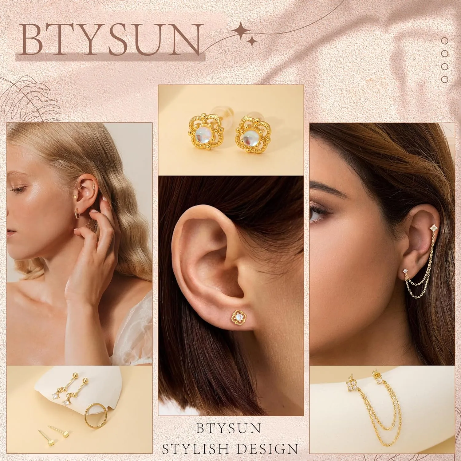 Earrings for Women, Gold Stud Earrings Hoop Diamond Floral Flower Opal Earring Studs for Women Trendy Huggie Cartilage Earring Christmas Birthday Gifts for Her Daughter Helix Piercing Jewelry