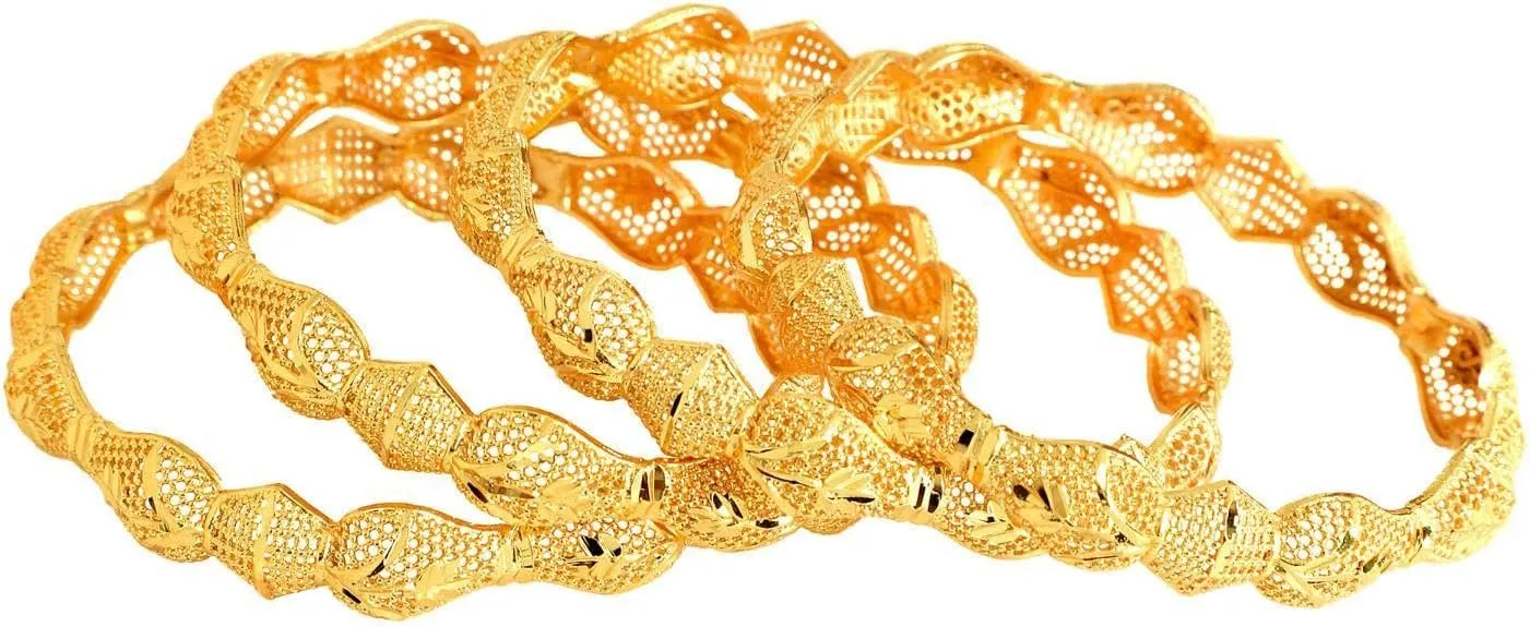 Efulgenz Gold Tone Indian Bangle Set for Women Dubai Style Bangle Set Engraved Floral Leaf Pattern Indian Bangles Bracelet Indian Bridal Jewelry for Wedding Bollywood Fashion Jewelry (4 Pcs)