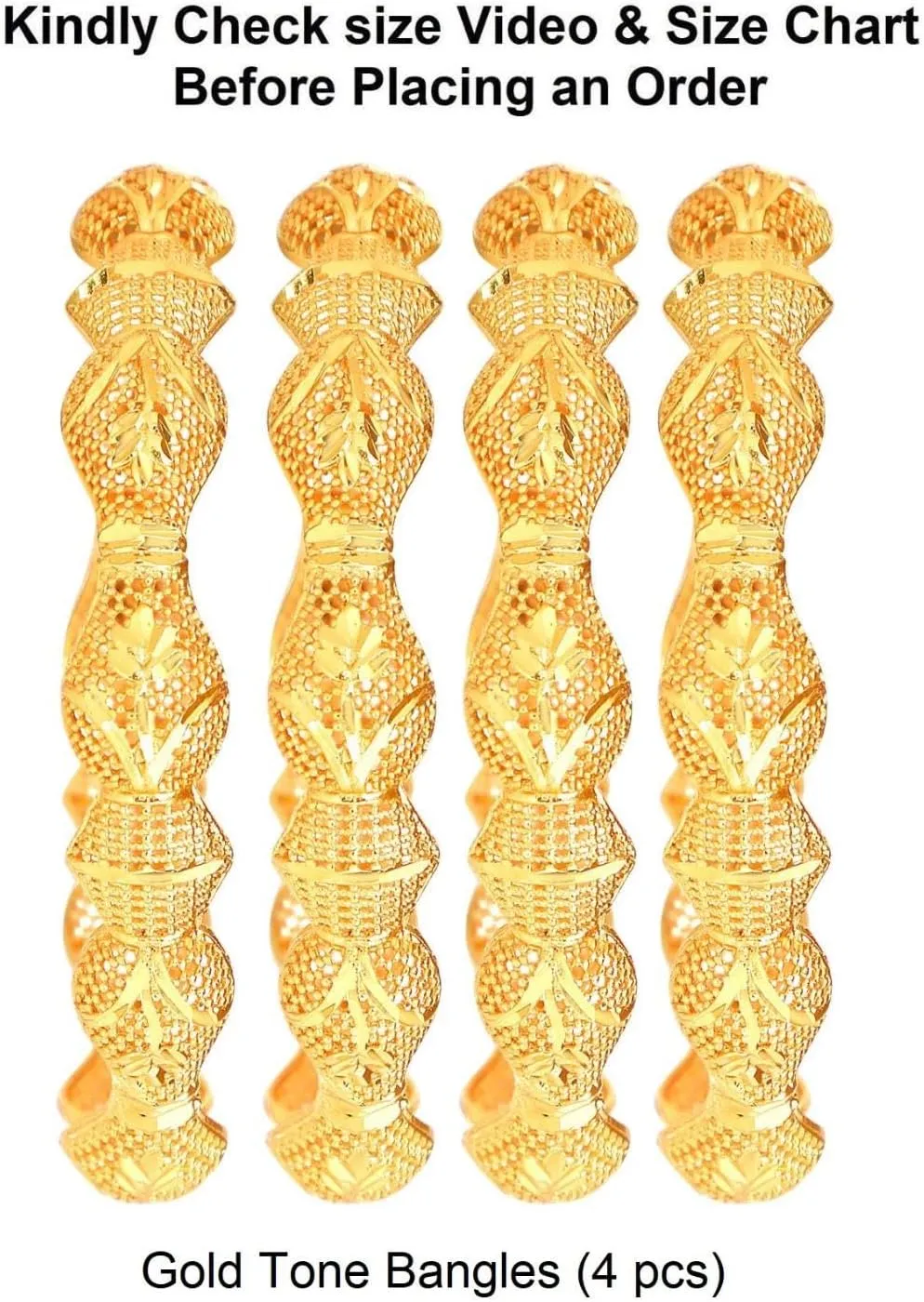 Efulgenz Gold Tone Indian Bangle Set for Women Dubai Style Bangle Set Engraved Floral Leaf Pattern Indian Bangles Bracelet Indian Bridal Jewelry for Wedding Bollywood Fashion Jewelry (4 Pcs)