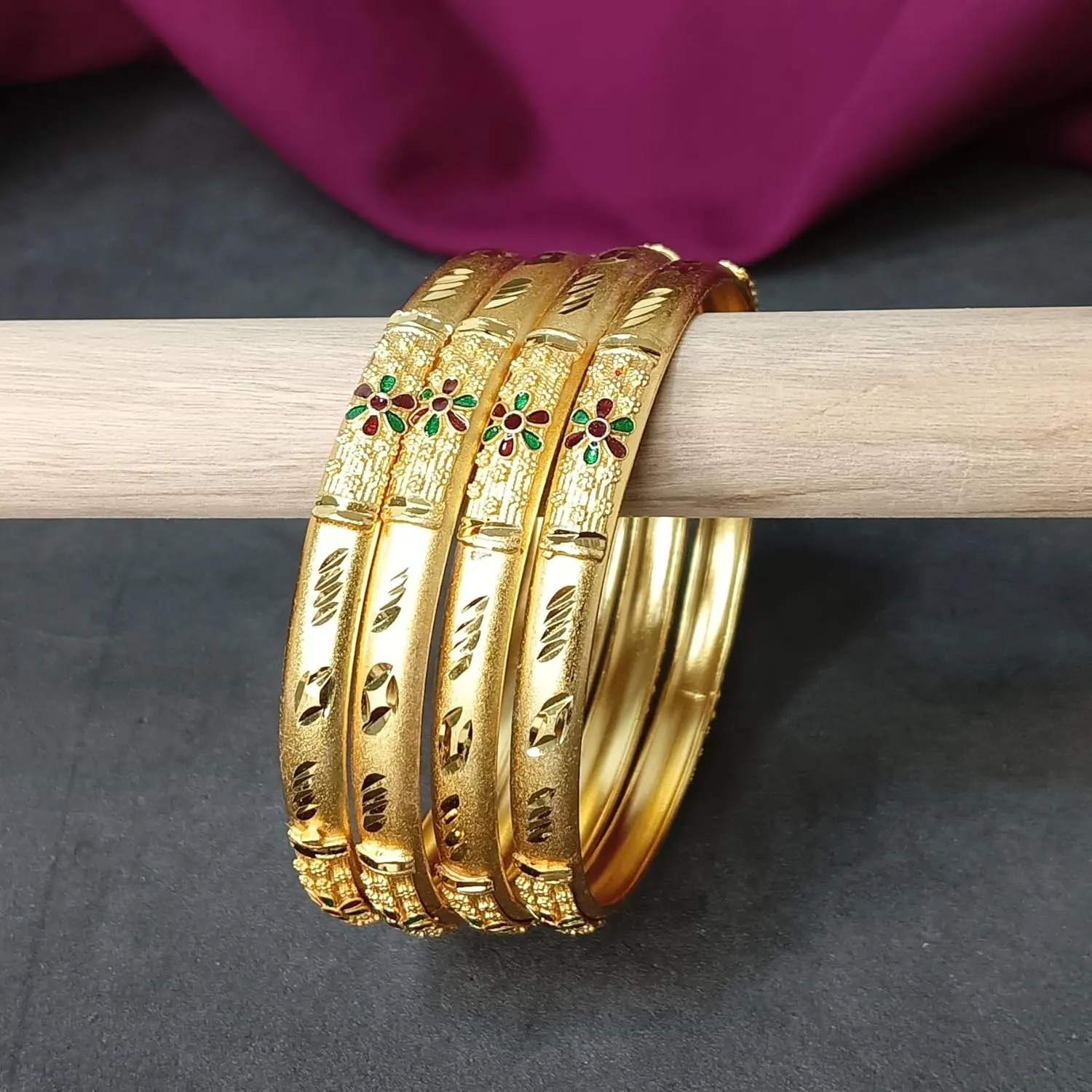Efulgenz Gold Tone Indian Bangle Set for Women Dubai Style Bangle Set Floral Engraved Pattern Crystal Enamel Indian Bangles Bracelet Indian Bridal Jewelry for Wedding Bollywood Fashion Jewelry (4 Pcs)