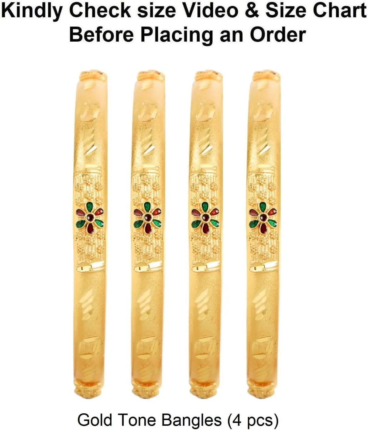 Efulgenz Gold Tone Indian Bangle Set for Women Dubai Style Bangle Set Floral Engraved Pattern Crystal Enamel Indian Bangles Bracelet Indian Bridal Jewelry for Wedding Bollywood Fashion Jewelry (4 Pcs)