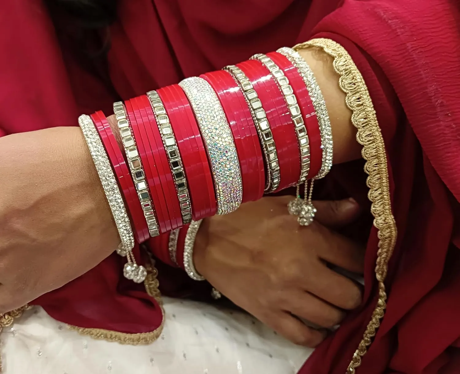 Efulgenz Indian Bridal Bangle Set for Women Punjabi Chuda Acrylic Bangle Set for Wedding Chura Bangles Faux Kundan CZ Crystal Heavy Bridal Dulhan Choora Bangle Set, Red