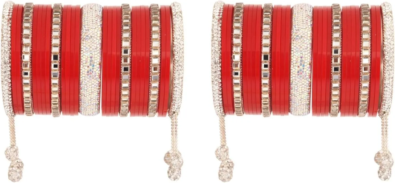 Efulgenz Indian Bridal Bangle Set for Women Punjabi Chuda Acrylic Bangle Set for Wedding Chura Bangles Faux Kundan CZ Crystal Heavy Bridal Dulhan Choora Bangle Set, Red