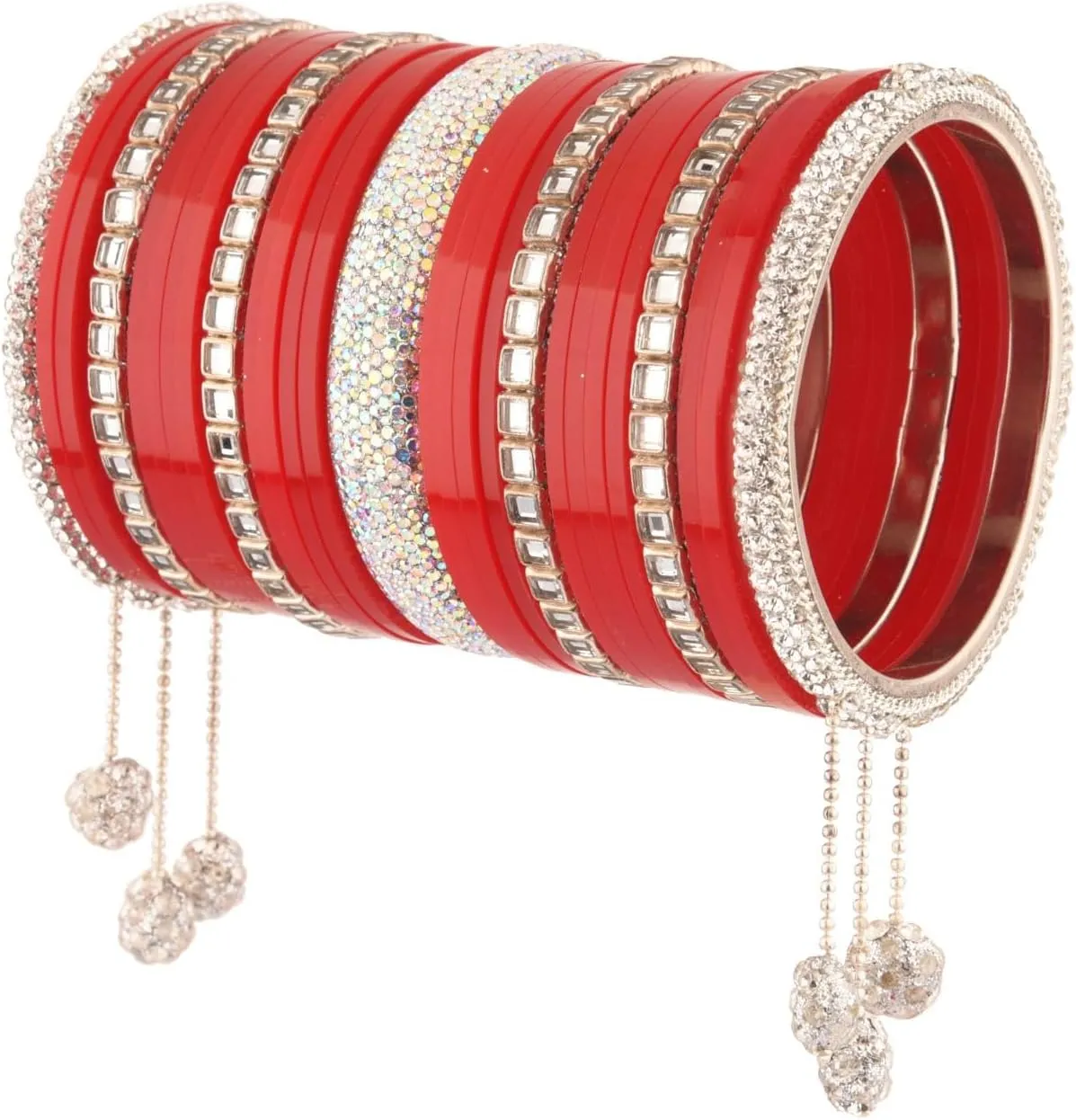 Efulgenz Indian Bridal Bangle Set for Women Punjabi Chuda Acrylic Bangle Set for Wedding Chura Bangles Faux Kundan CZ Crystal Heavy Bridal Dulhan Choora Bangle Set, Red