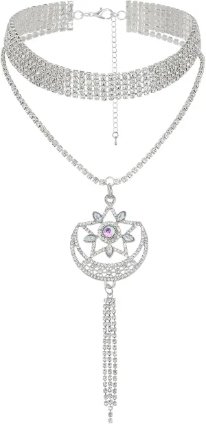 ELABEST Long Rhinestone Choker Necklace Layered Y Moon Necklaces Star Tassel Pendant Chain for Women
