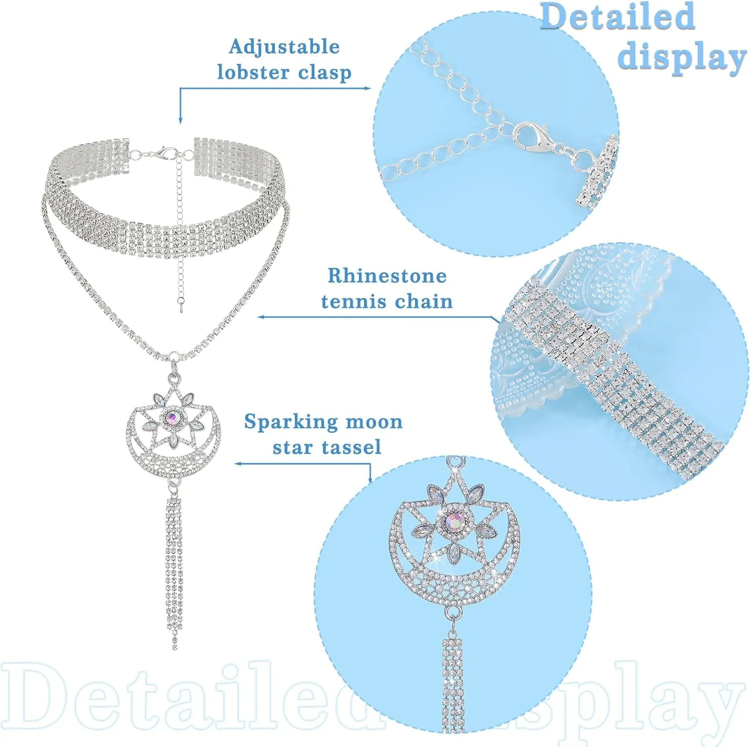 ELABEST Long Rhinestone Choker Necklace Layered Y Moon Necklaces Star Tassel Pendant Chain for Women