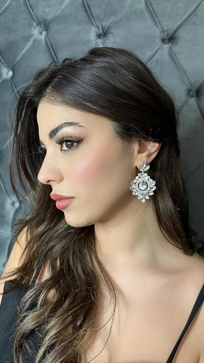 Elegant Crystal Drop Earrings for Brides and Bridesmaids - Silver Earrings with Push Back - Perfect for Weddings, Proms, and Special Occasions - 2.36" Length, 1.37" Width, Sparkling Jewelry