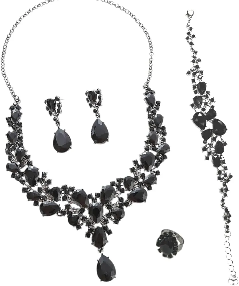 Elegant Jewelry Set - Bridal Necklace, Bracelet, Earrings and Ring with Crystal Stones And Water Resistant Perfect for Every Event, Weddings, Evenings