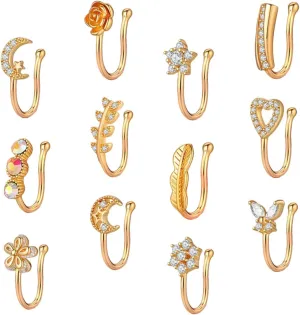 Elegant Nose Clip Jewelry Set 12pcs Women's Gold Nose Rings Studs No Piercing