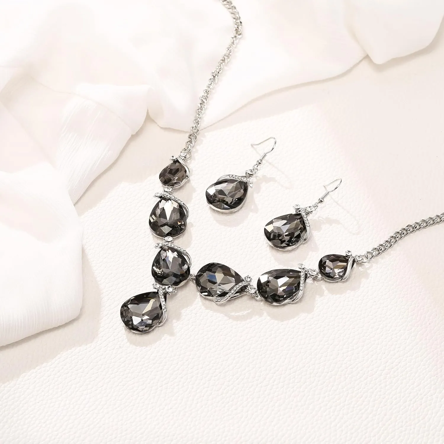 EleQueen Silver Plated Sparkling Rhinestone Crystal Teardrop Y-Necklace Hook Dangle Earrings Sets Gift for Women Summer Outfit
