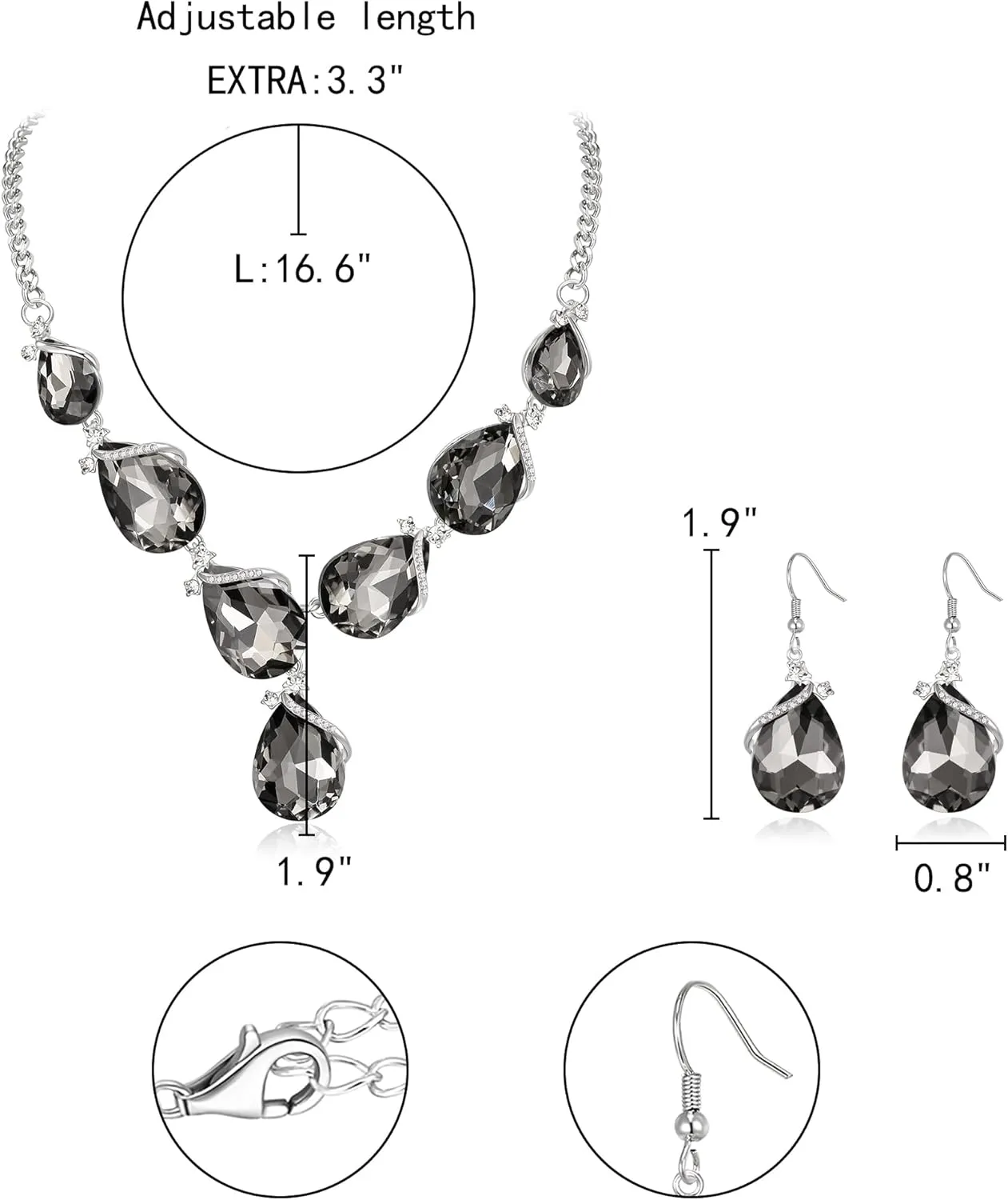 EleQueen Silver Plated Sparkling Rhinestone Crystal Teardrop Y-Necklace Hook Dangle Earrings Sets Gift for Women Summer Outfit