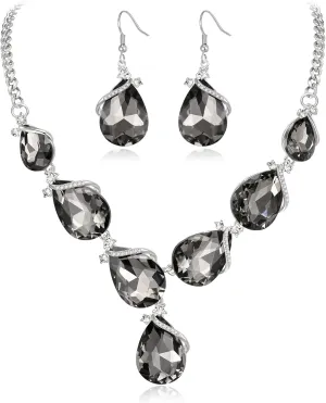 EleQueen Silver Plated Sparkling Rhinestone Crystal Teardrop Y-Necklace Hook Dangle Earrings Sets Gift for Women Summer Outfit