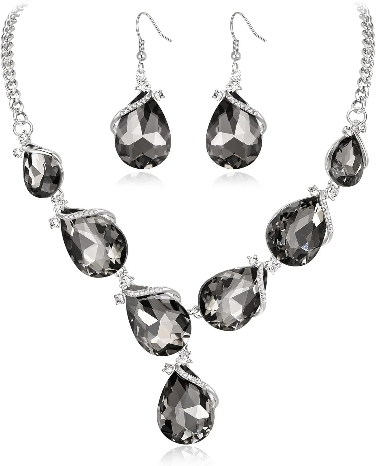 EleQueen Silver Plated Sparkling Rhinestone Crystal Teardrop Y-Necklace Hook Dangle Earrings Sets Gift for Women Summer Outfit