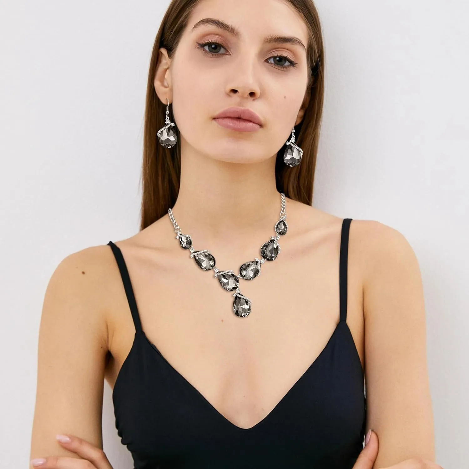 EleQueen Silver Plated Sparkling Rhinestone Crystal Teardrop Y-Necklace Hook Dangle Earrings Sets Gift for Women Summer Outfit