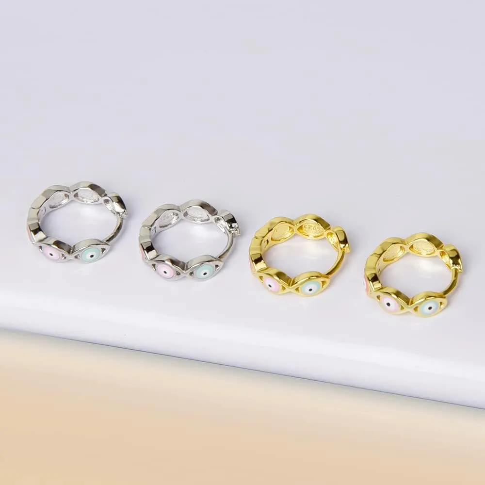 Enamel Hoop Earrings Evil Eye 18k Gold Plated Silver 9mm Tiny Mini Cartilage Hinged Huggie Hoop Earrings
