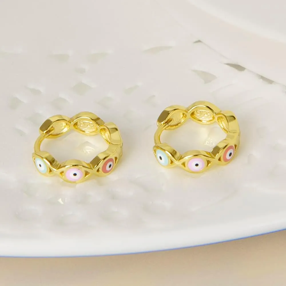 Enamel Hoop Earrings Evil Eye 18k Gold Plated Silver 9mm Tiny Mini Cartilage Hinged Huggie Hoop Earrings