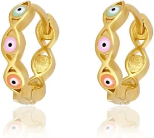 Enamel Hoop Earrings Evil Eye 18k Gold Plated Silver 9mm Tiny Mini Cartilage Hinged Huggie Hoop Earrings