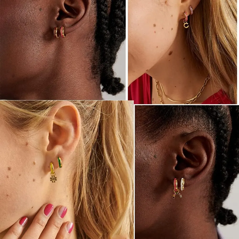 Enamel Hoop Earrings Evil Eye 18k Gold Plated Silver 9mm Tiny Mini Cartilage Hinged Huggie Hoop Earrings