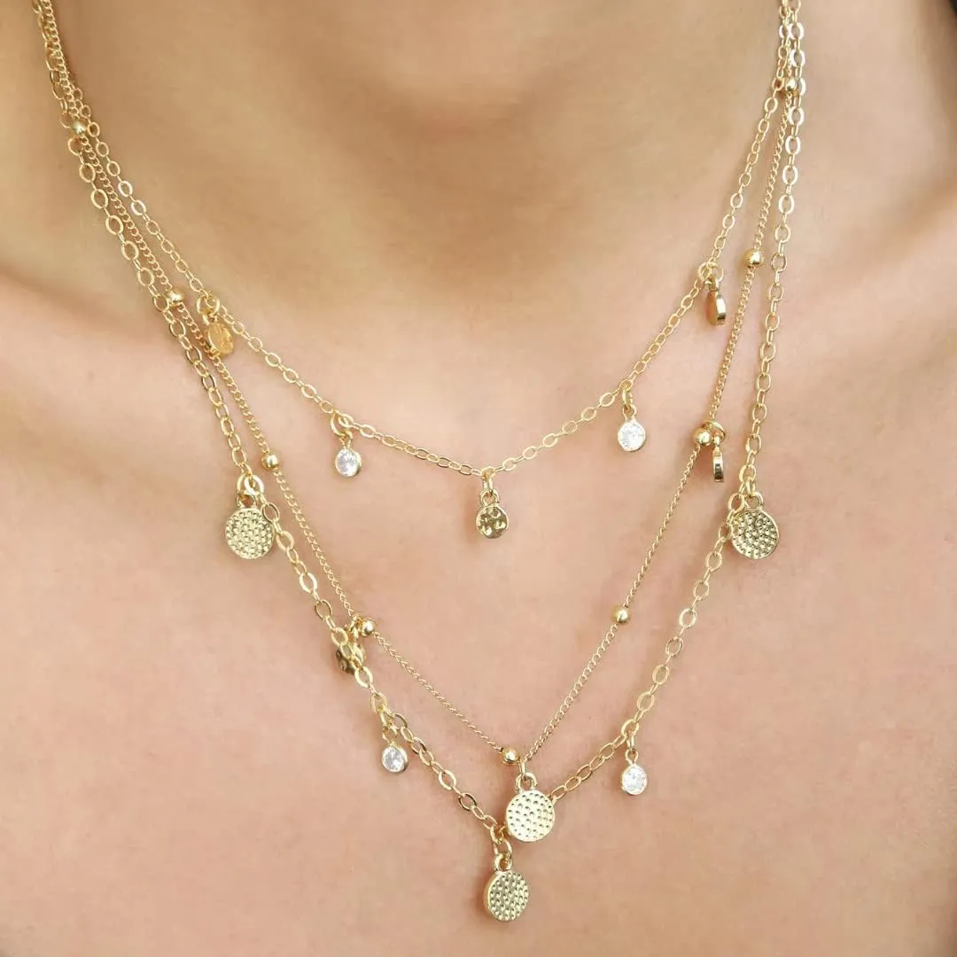 Ettika Layered Chain Necklaces for Women. 18k Gold Plated or Rhodium Cubic Zirconia Detailed Triple Layer Necklace. Fashion Jewelry