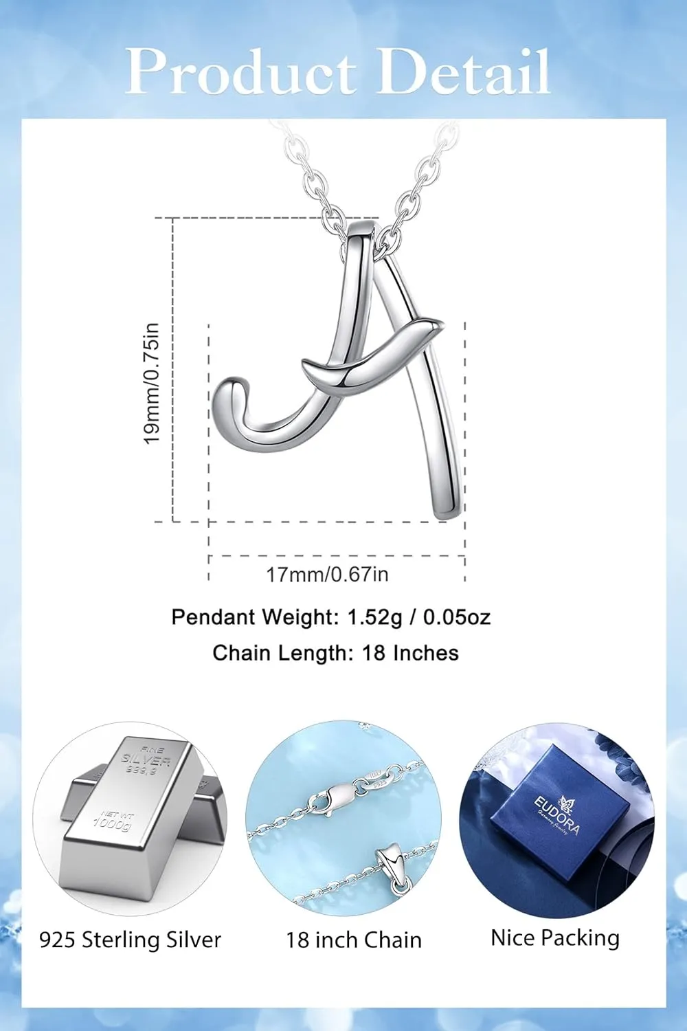 EUDORA Sterling Silver Initial Necklaces for Women, Classic 26 Letter Neckless Gifts for Girls, Sister, Mother Daughter, 18 inch Chain