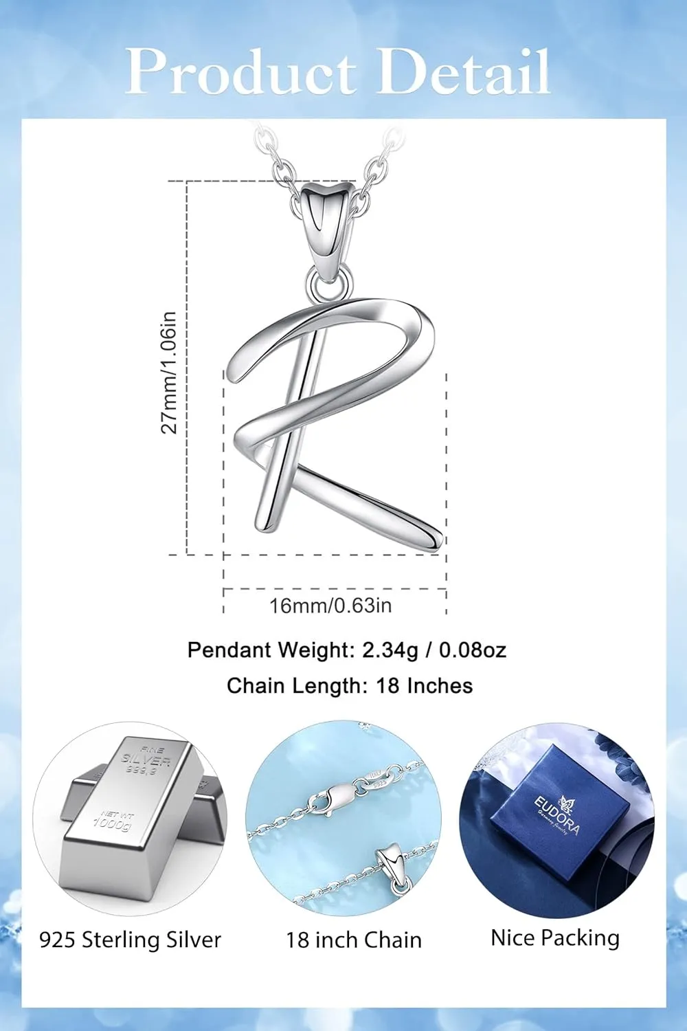 EUDORA Sterling Silver Initial Necklaces for Women, Classic 26 Letter Neckless Gifts for Girls, Sister, Mother Daughter, 18 inch Chain
