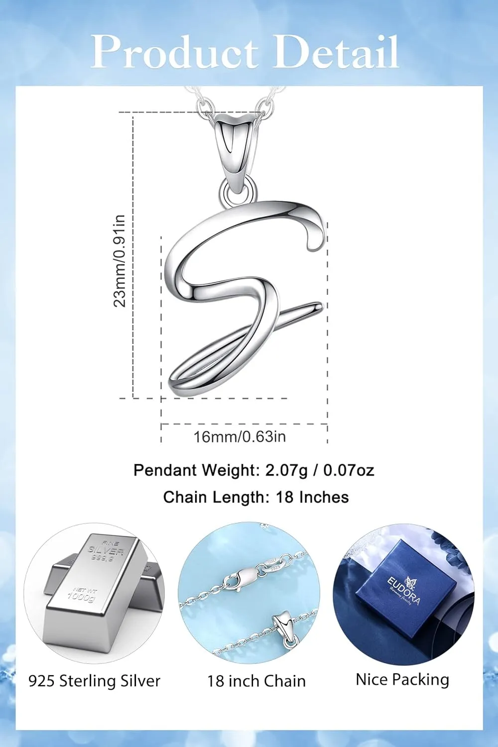 EUDORA Sterling Silver Initial Necklaces for Women, Classic 26 Letter Neckless Gifts for Girls, Sister, Mother Daughter, 18 inch Chain