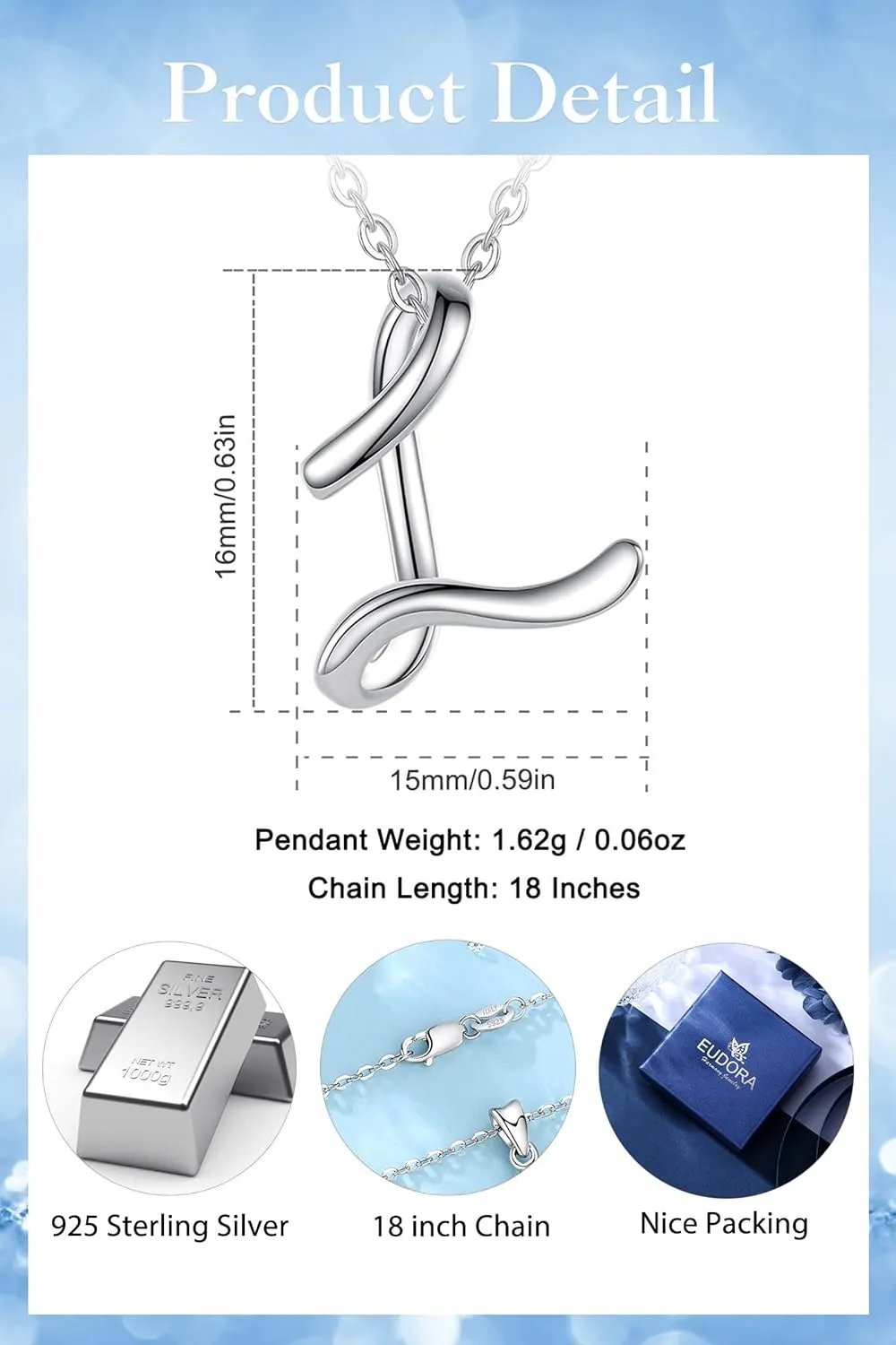 EUDORA Sterling Silver Initial Necklaces for Women, Classic 26 Letter Neckless Gifts for Girls, Sister, Mother Daughter, 18 inch Chain