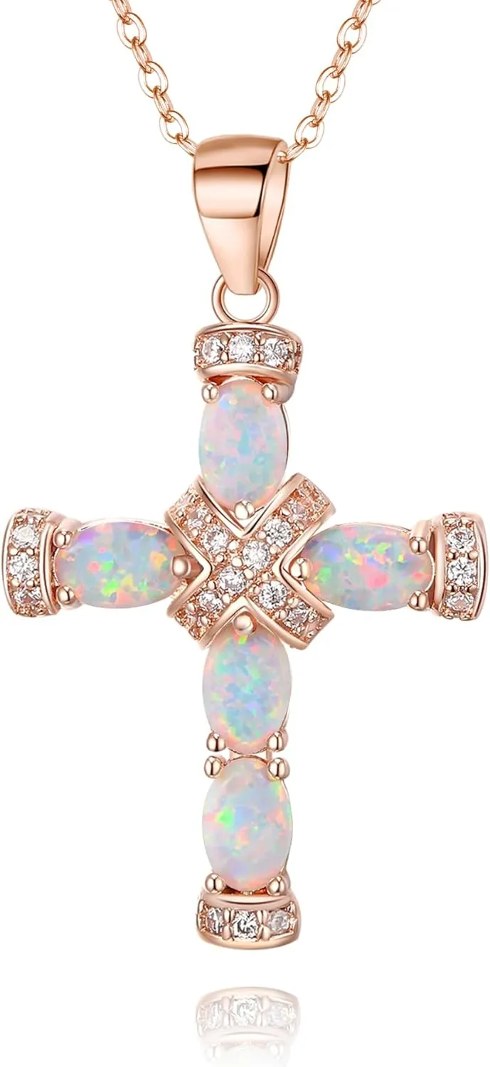 EVER FAITH October Birthstone Created Oval-Shaped Opal Necklace Gift for Women, Classic Cross Pendant Box Chain Necklaces Suitable for Christmas/Valentines Day/Mother Day