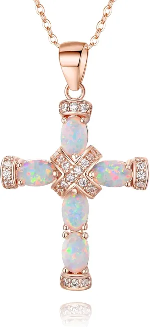 EVER FAITH October Birthstone Created Oval-Shaped Opal Necklace Gift for Women, Classic Cross Pendant Box Chain Necklaces Suitable for Christmas/Valentines Day/Mother Day