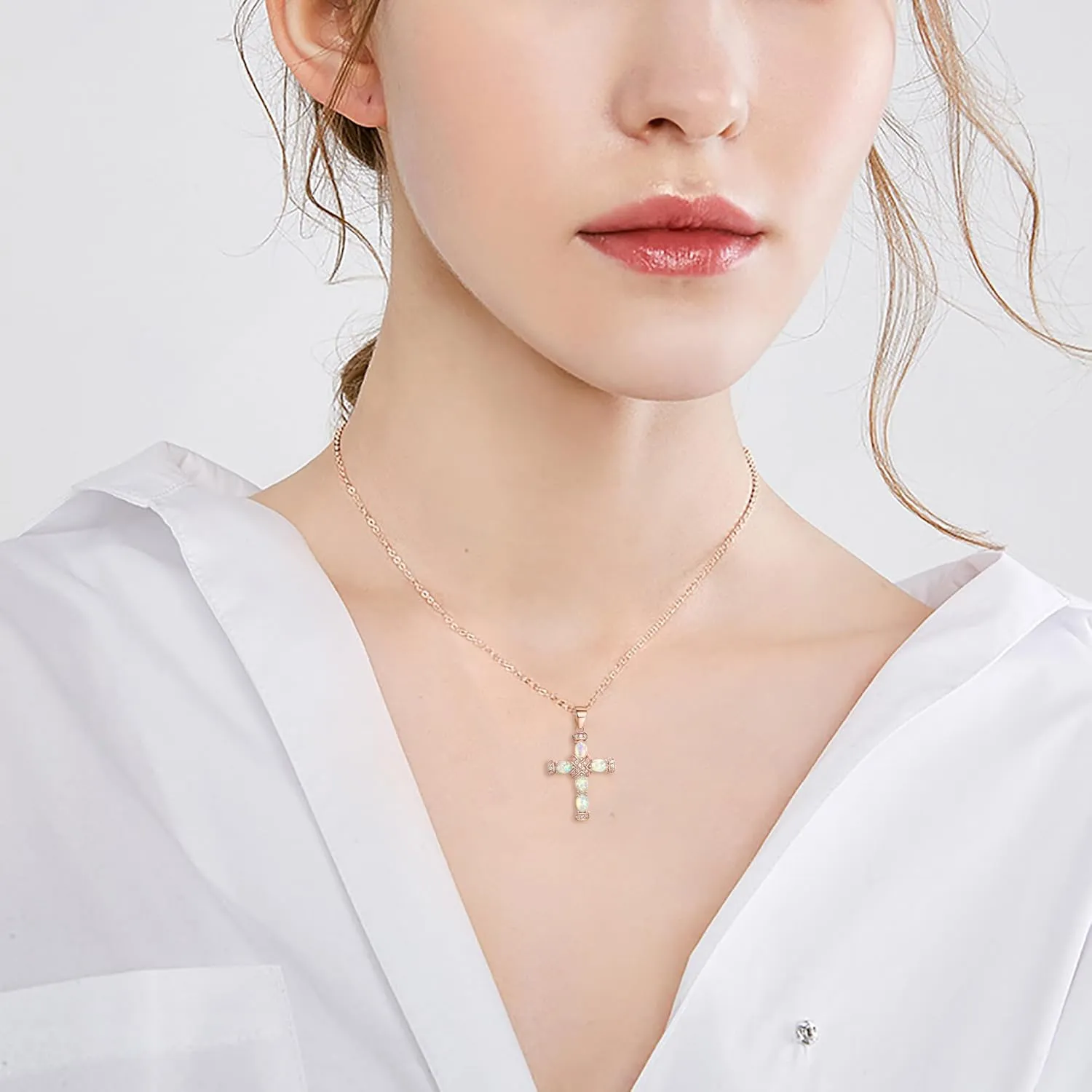 EVER FAITH October Birthstone Created Oval-Shaped Opal Necklace Gift for Women, Classic Cross Pendant Box Chain Necklaces Suitable for Christmas/Valentines Day/Mother Day