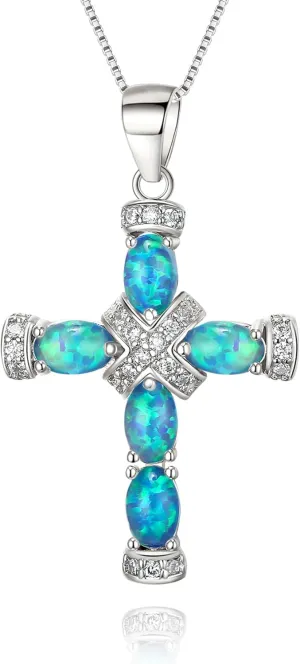 EVER FAITH October Birthstone Created Oval-Shaped Opal Necklace Gift for Women, Classic Cross Pendant Box Chain Necklaces Suitable for Christmas/Valentines Day/Mother Day