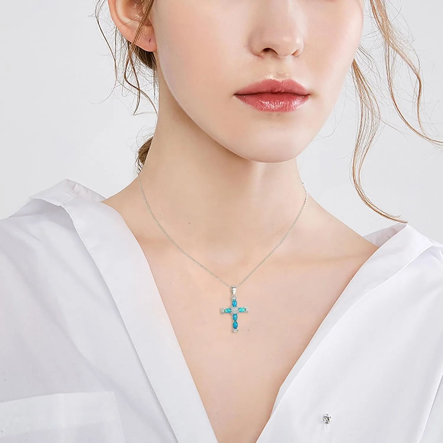 EVER FAITH October Birthstone Created Oval-Shaped Opal Necklace Gift for Women, Classic Cross Pendant Box Chain Necklaces Suitable for Christmas/Valentines Day/Mother Day