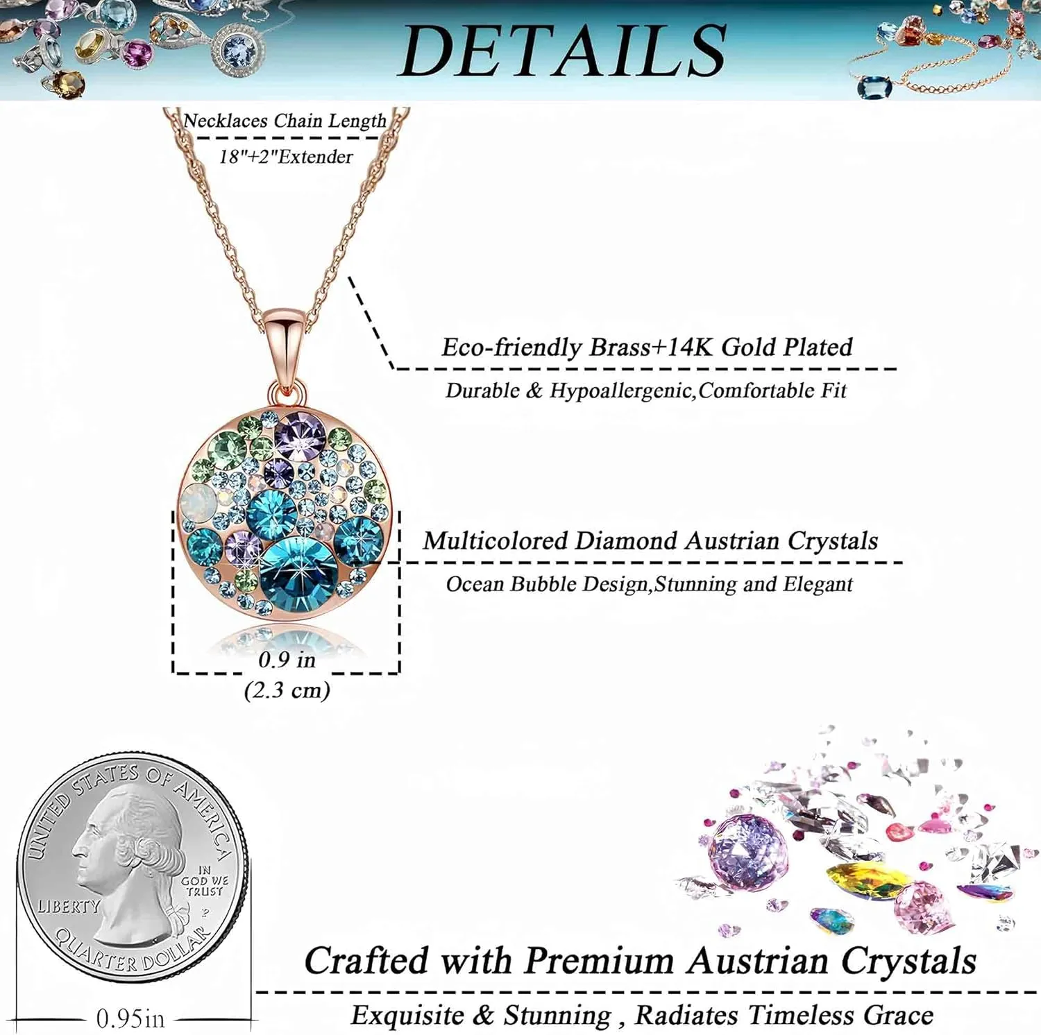 EVEVIC Austrian Crystals Round Disc Pendant Necklaces for Women Fashion 14K Gold Plated Hypoallergenic Dainty Jewelry