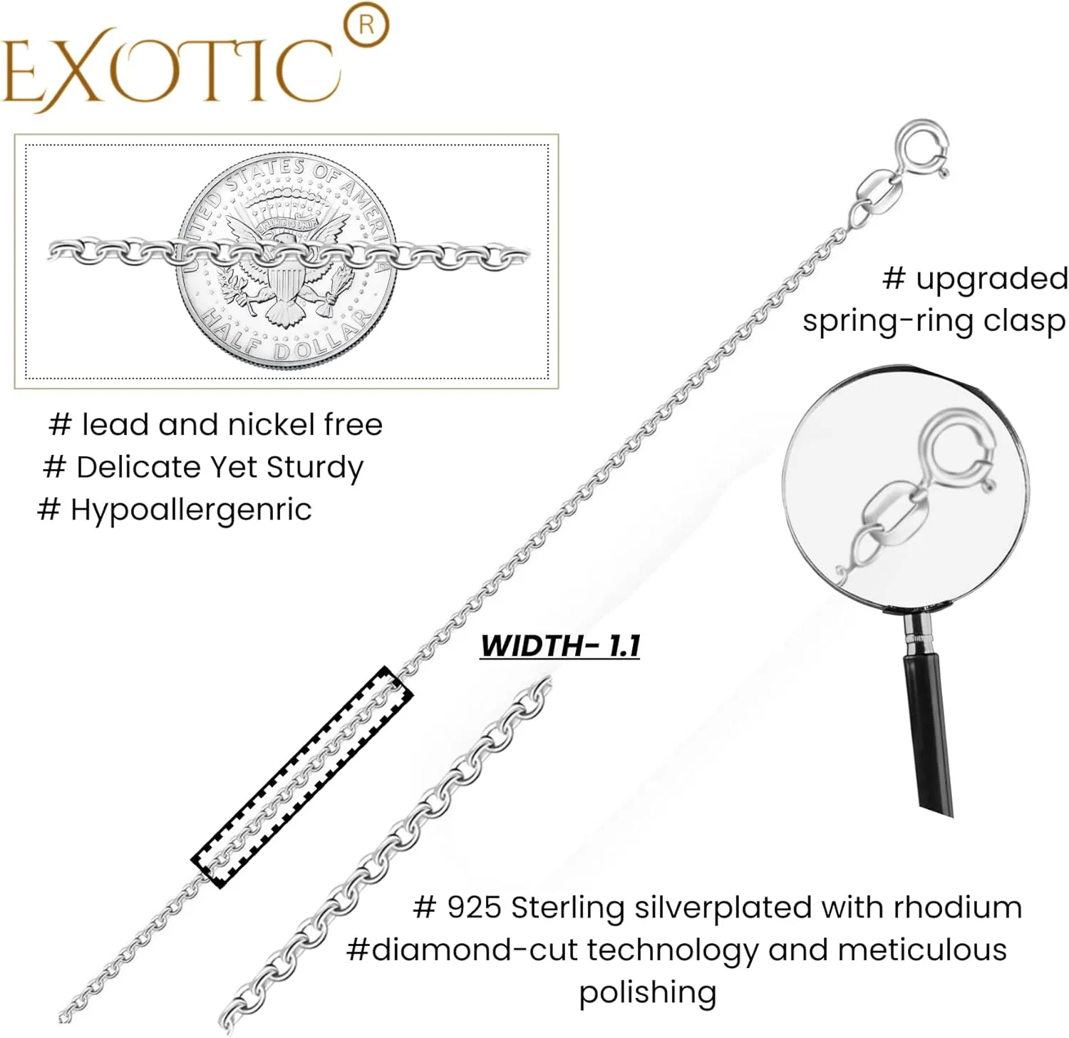 EXOTIC 925 Sterling Silver Necklace for Women -1.1mm- Elegant Silver Box Chain Necklace with Solid 18K Gold Over Sterling Silver - Europian-Quality Italian Craftsmanship 18/20/22 inch