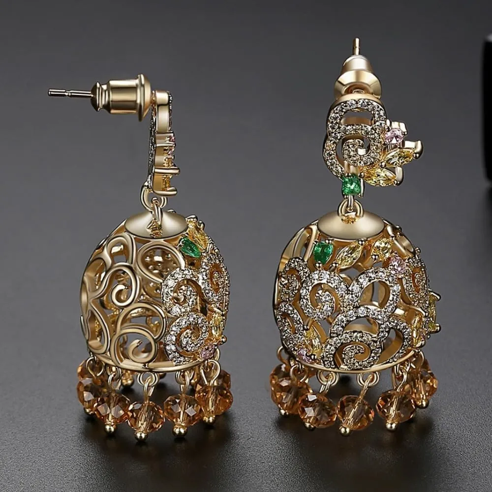 Exquisite 14K Gold Indian Tassel Crystal Drop Earrings for Women: Vintage Palace Style Bell Shape Heavy Industry Dangle - A Fashionable Christmas Jewelry Gift for Her