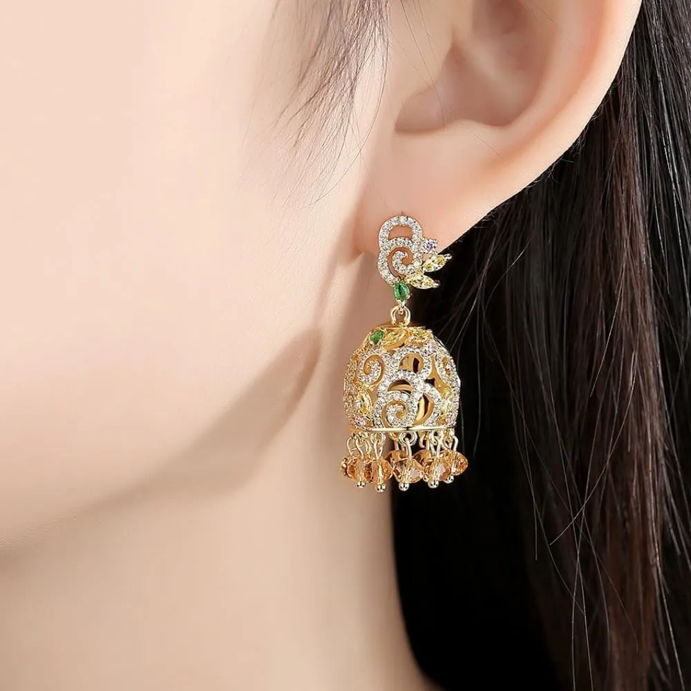 Exquisite 14K Gold Indian Tassel Crystal Drop Earrings for Women: Vintage Palace Style Bell Shape Heavy Industry Dangle - A Fashionable Christmas Jewelry Gift for Her