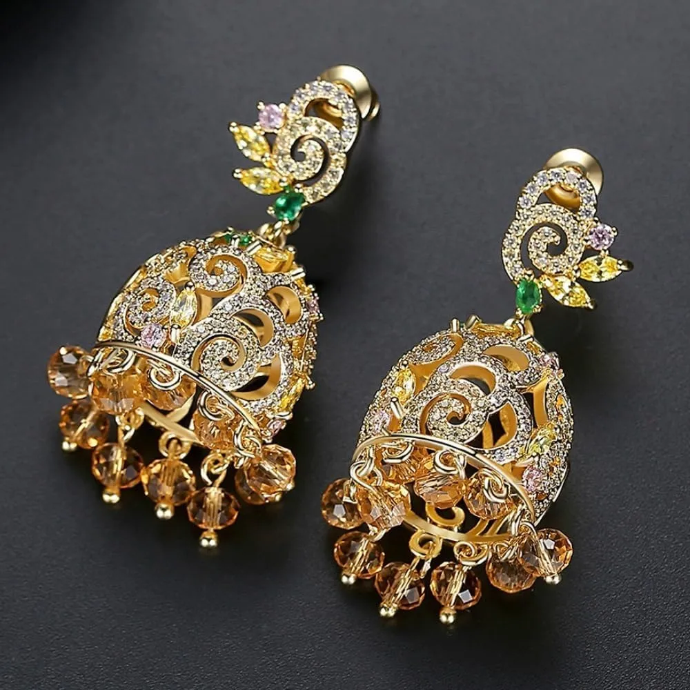 Exquisite 14K Gold Indian Tassel Crystal Drop Earrings for Women: Vintage Palace Style Bell Shape Heavy Industry Dangle - A Fashionable Christmas Jewelry Gift for Her