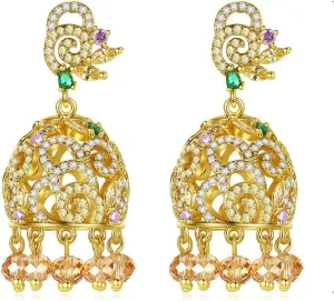 Exquisite 14K Gold Indian Tassel Crystal Drop Earrings for Women: Vintage Palace Style Bell Shape Heavy Industry Dangle - A Fashionable Christmas Jewelry Gift for Her