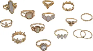 Exquisite Ring Freshing Style Ladies Couple Love Rings,14Pcs Hollow Stackable Knuckle Rings Alloy Ethnic Style Starry Sky Faux Gem Finger Rings Jewelry Accessory