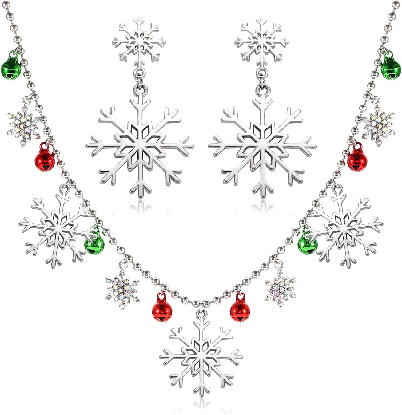 FAERLIIRY Christmas Snowflakes Necklace Earrings Set Sparkling Crystal Rhinestone Collar Necklace Drop Dangle Earrings Xmas Holiday Party Jewelry Gift For Woman