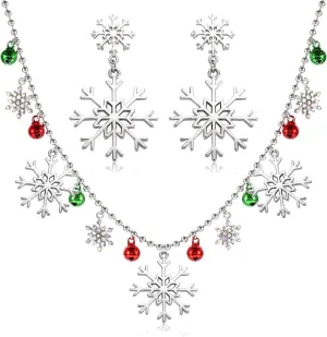 FAERLIIRY Christmas Snowflakes Necklace Earrings Set Sparkling Crystal Rhinestone Collar Necklace Drop Dangle Earrings Xmas Holiday Party Jewelry Gift For Woman