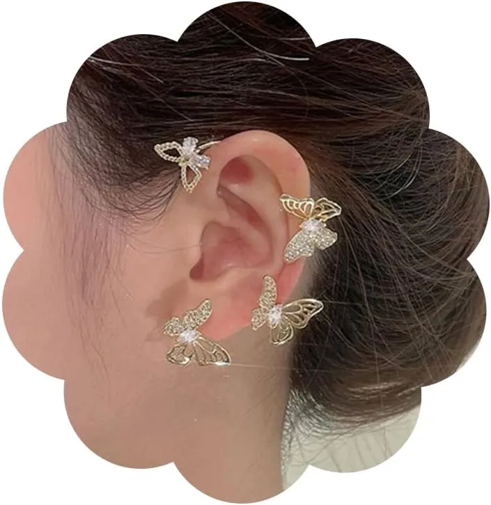 Fairy Butterfly Ear Cuffs Earrings Cartilage Climber Ear Wrap 2Pcs Sparkling Crystal Crawler Earrings Non Piercing Ear Clip Jewelry for Women Girls