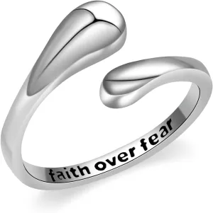 Faith Over Fear Rings for Women - 925 Sterling Silver Adjustable Inspirational Teardrop Rings for Mom Engraved Faith Open Ring Motivational Jewelry Gifts for Daughter
