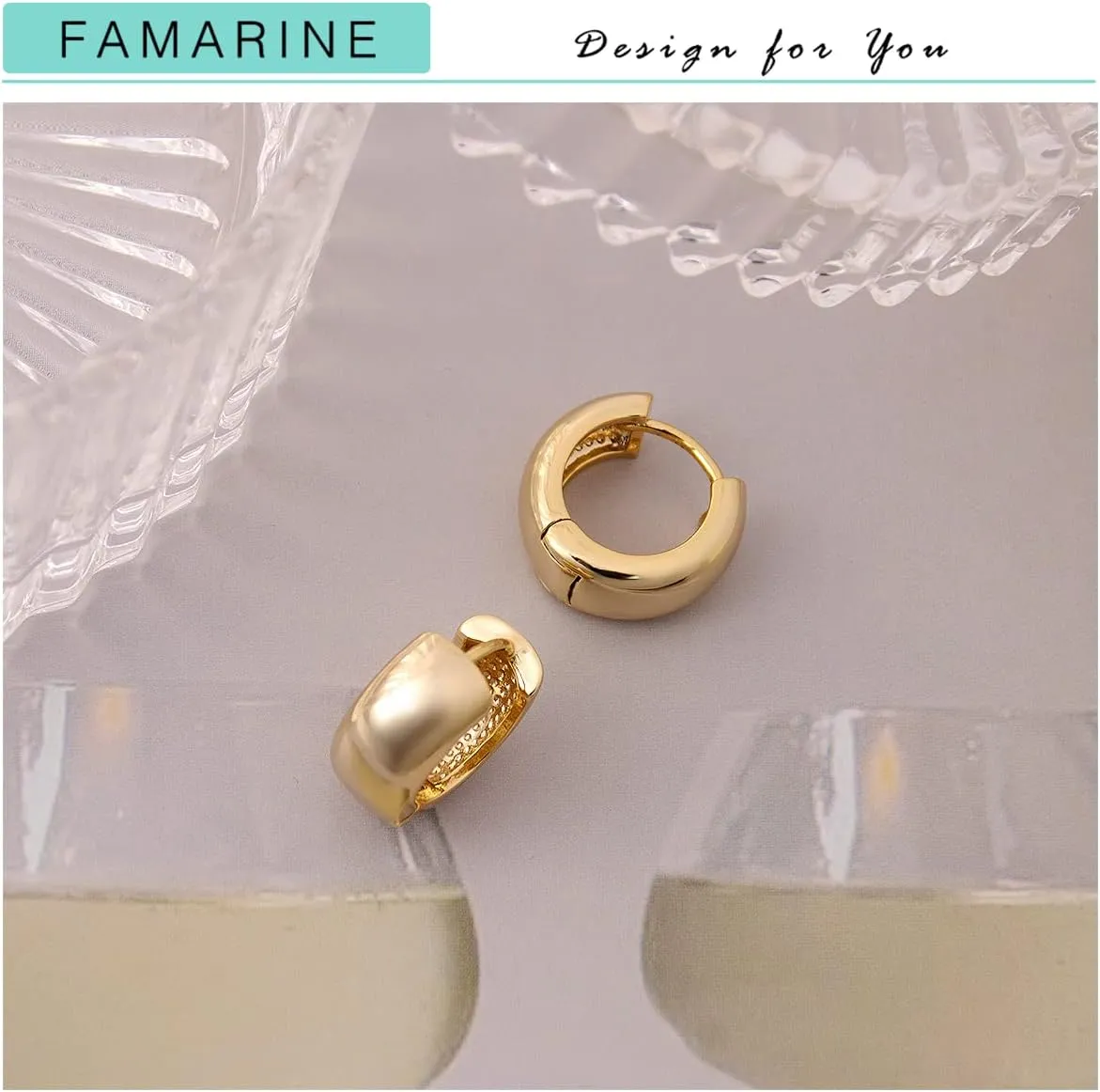 FAMARINE Small Chunky Thick Hoop Earrings for Women Girls Gold Hoops Huggie Earrings for Men Gift, 14K Gold Plated