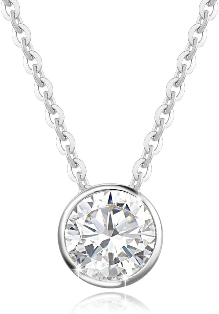 FANCIME 14k Solid Gold 1 Carat 6.5mm Moissanite Classic Bezel Set Solitaire Gemstone Pendant Necklace for Women Girls, Gold Chain 16   2 inch Extender