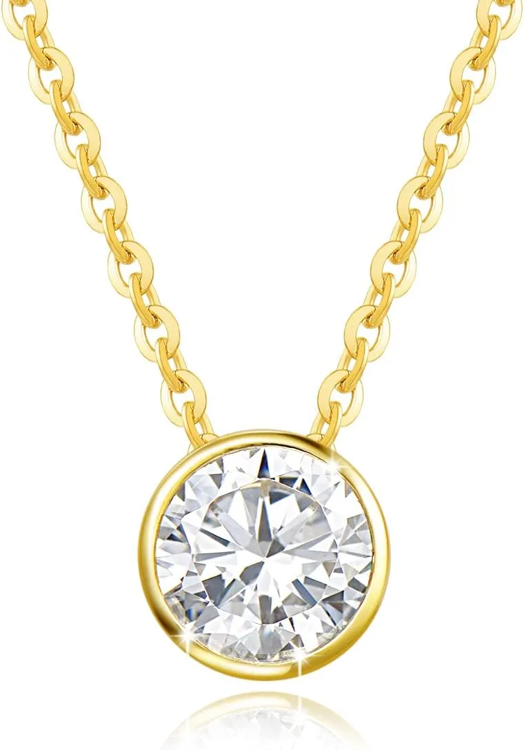 FANCIME 14k Solid Gold 1 Carat 6.5mm Moissanite Classic Bezel Set Solitaire Gemstone Pendant Necklace for Women Girls, Gold Chain 16   2 inch Extender
