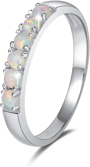FANCIME Opal Rings Sterling Silver 6 stones Created Fire Opal Ring Engagement Wedding Eternity Band October Birthstone Rings for Women Fine Jewelry for Women Size 5,6,7,8,9