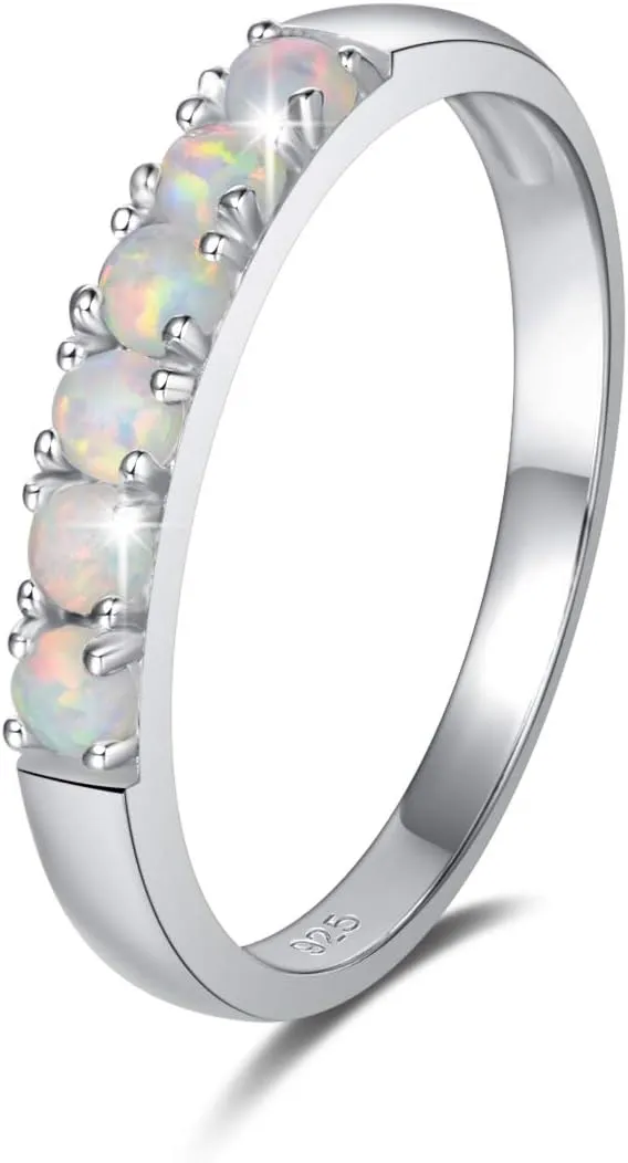 FANCIME Opal Rings Sterling Silver 6 stones Created Fire Opal Ring Engagement Wedding Eternity Band October Birthstone Rings for Women Fine Jewelry for Women Size 5,6,7,8,9